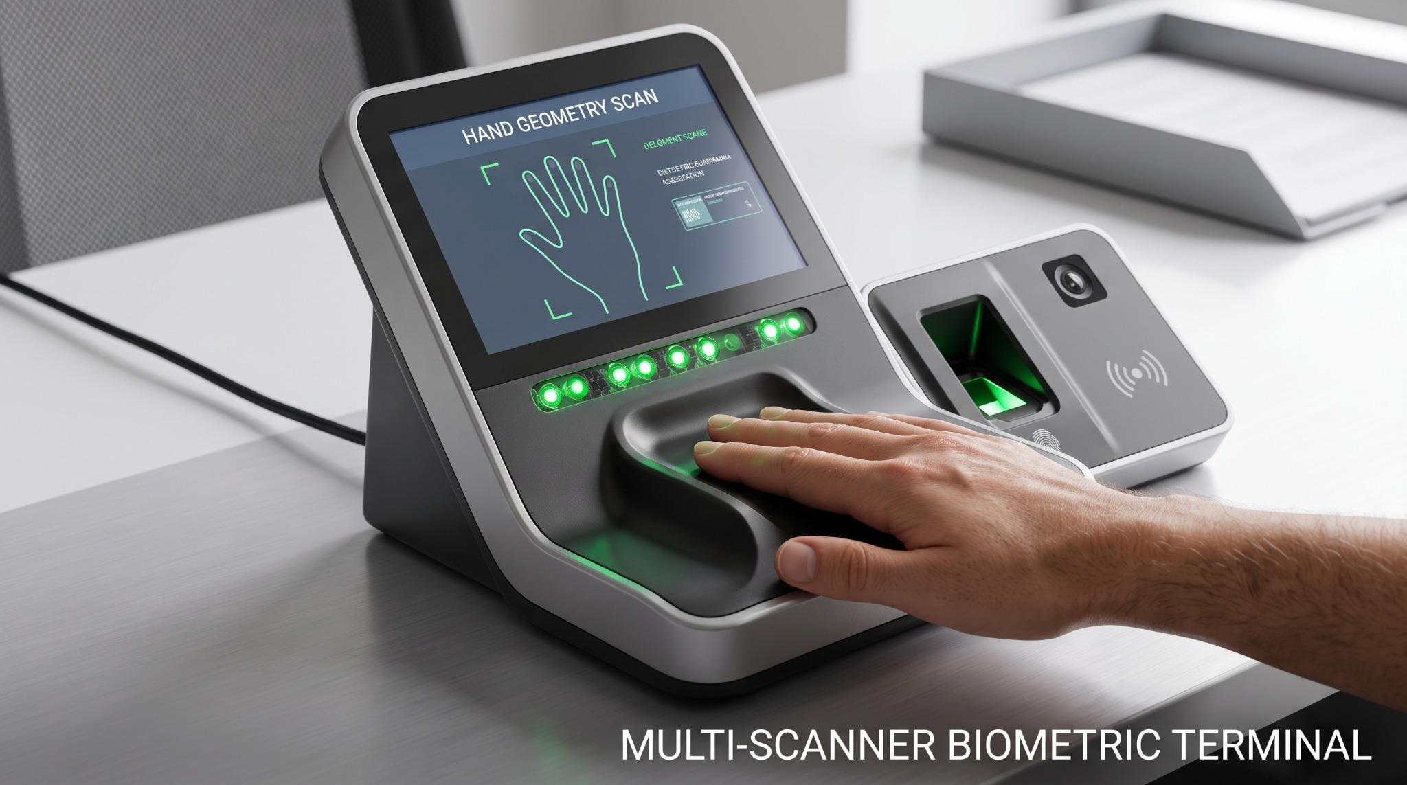 Multi-scanner biometric terminal with hand geometry and fingerprint verification